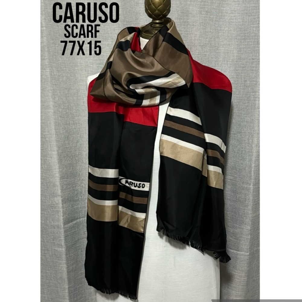 Caruso Scarf-Satiny-77x15-Black/Tan/Red/White-Raw Fringe